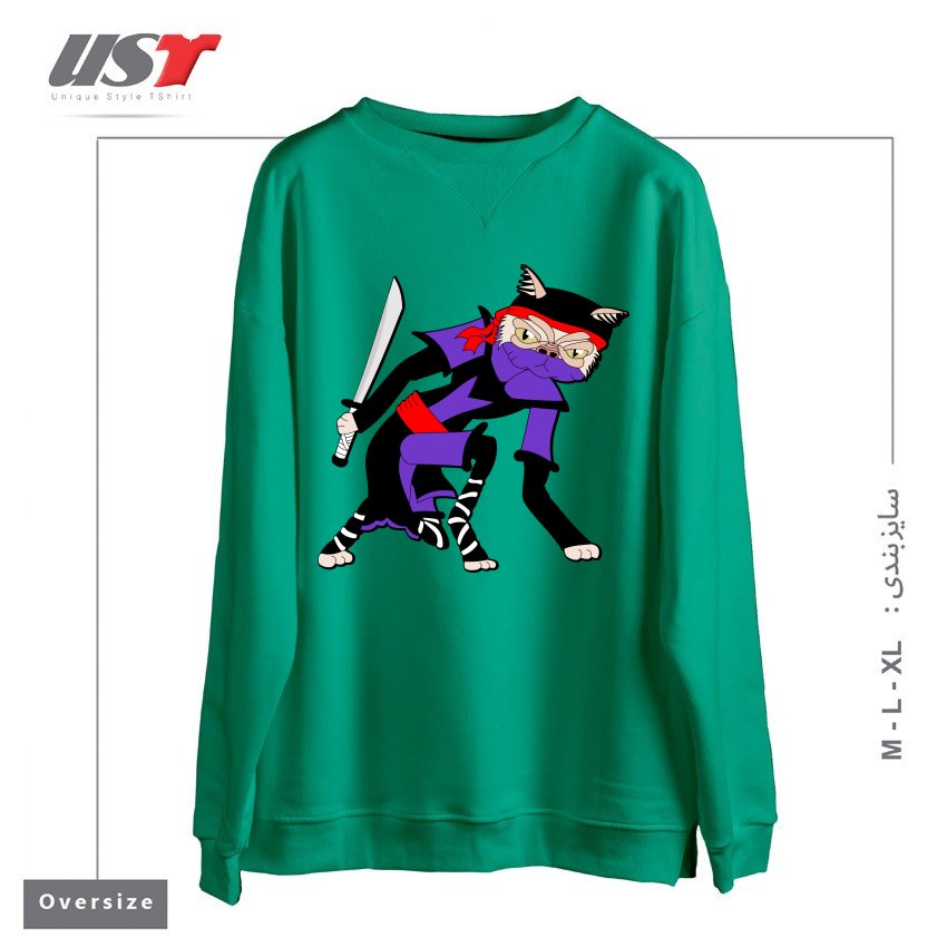 طرح GRUMPY NINJA CAT سوییشرت اورسایزرنگ سبز سدری