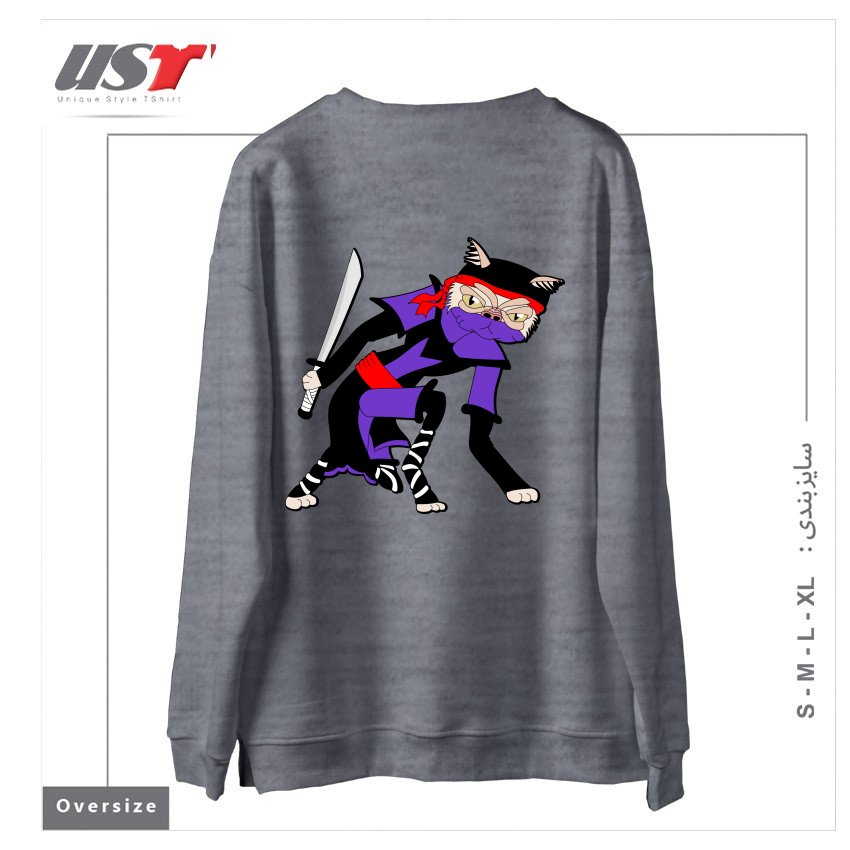 طرح GRUMPY NINJA CAT سوییشرت اورسایزرنگ طوسی ملانژ