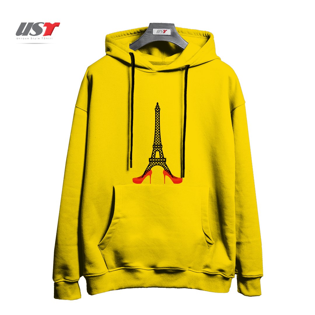 طرح EIFFEL TOWER IN RED WOMEN'S SHOES. FASHION SYMBOL OF FRANCE. LANDMARK FRANCE. ARCHITECTU هودی اورسایزرنگ زرد