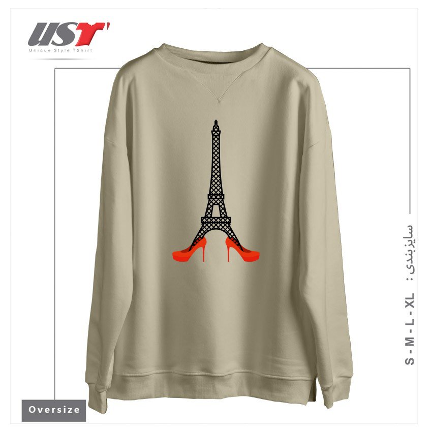 طرح EIFFEL TOWER IN RED WOMEN'S SHOES. FASHION SYMBOL OF FRANCE. LANDMARK FRANCE. ARCHITECTU سوییشرت اورسایزرنگ نخودی