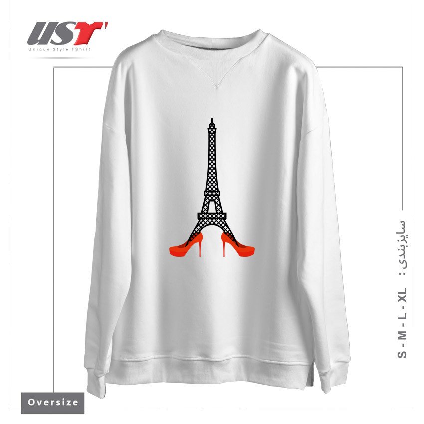 سوییشرت اورسایز طرح EIFFEL TOWER IN RED WOMEN'S SHOES. FASHION SYMBOL OF FRANCE. LANDMARK FRANCE. ARCHITECTU