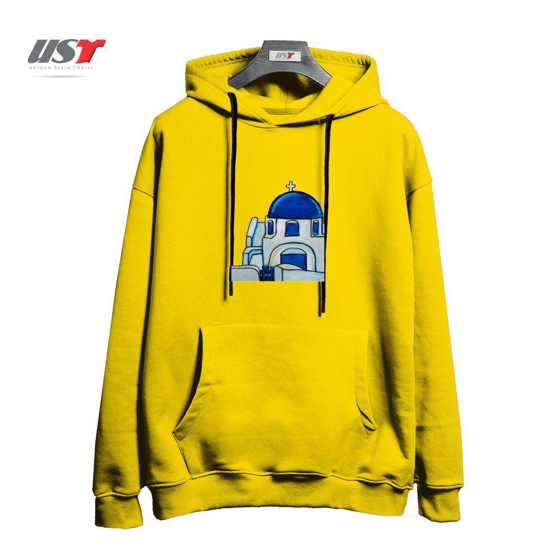 طرح HAND PAINTED WATERCOLOR SANTORINI CHURCH هودی اورسایزرنگ زرد