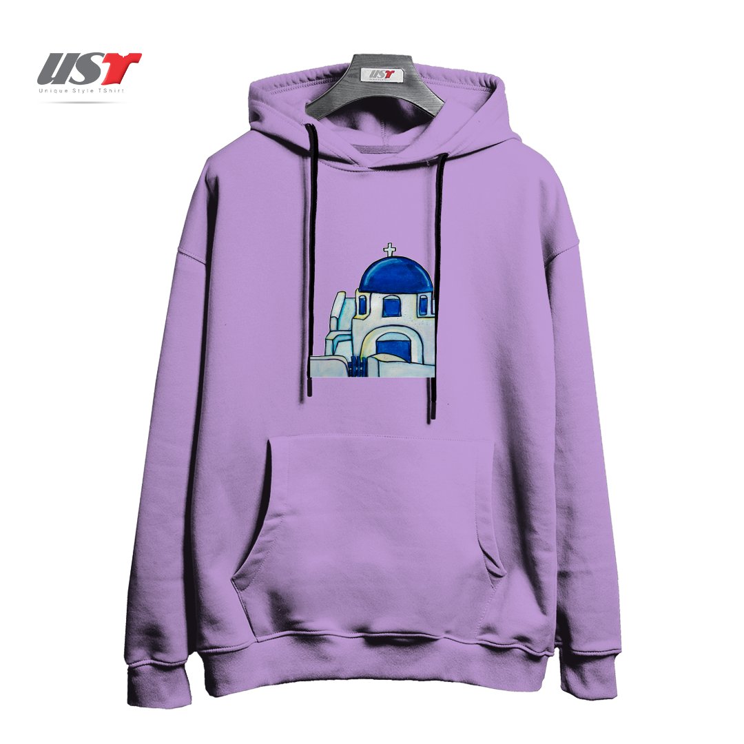 طرح HAND PAINTED WATERCOLOR SANTORINI CHURCH هودی اورسایزرنگ یاسی