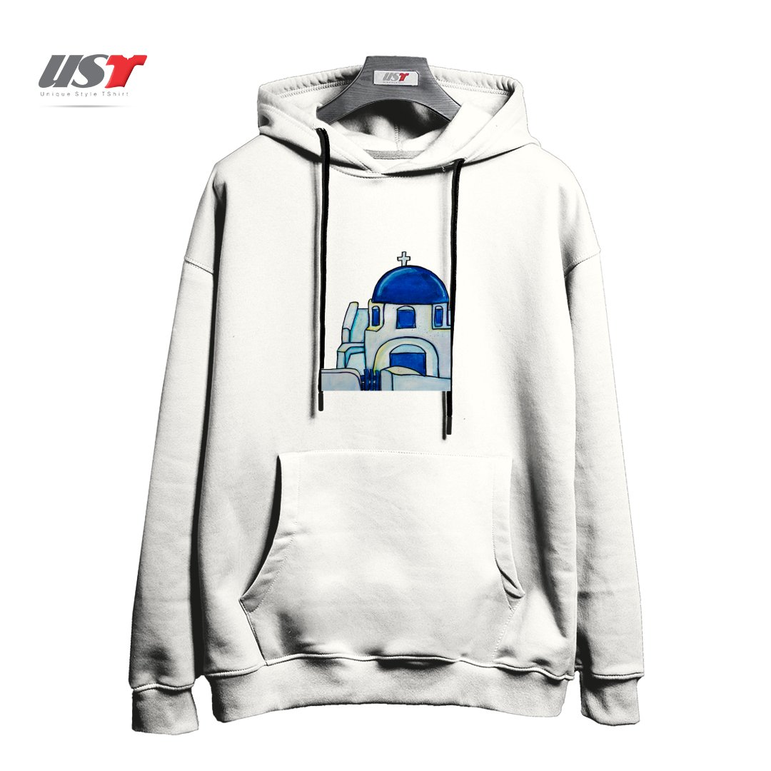 طرح HAND PAINTED WATERCOLOR SANTORINI CHURCH هودی اورسایزرنگ سفید