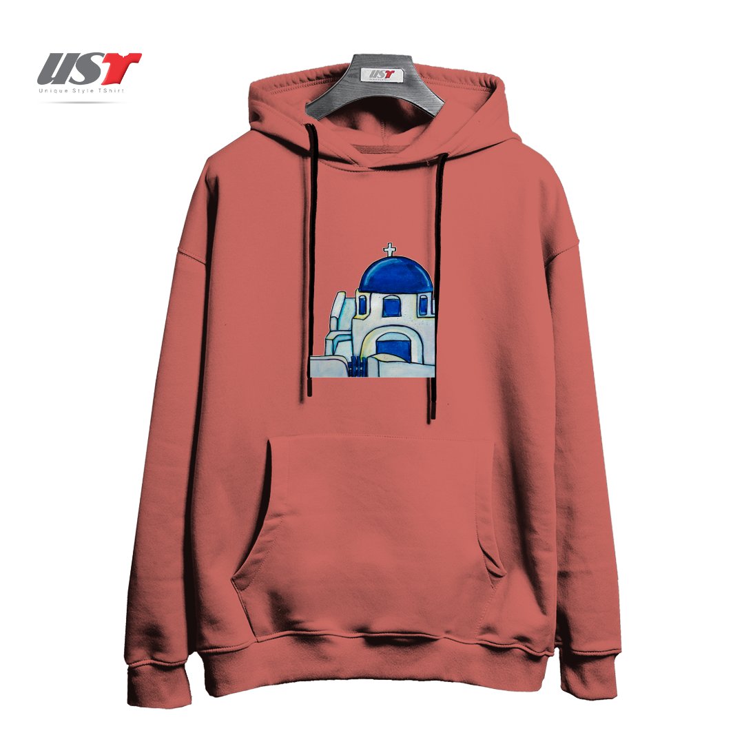 طرح HAND PAINTED WATERCOLOR SANTORINI CHURCH هودی اورسایزرنگ آجری