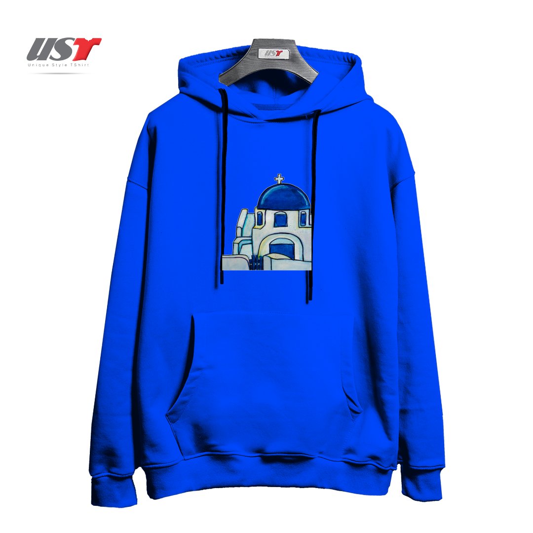 طرح HAND PAINTED WATERCOLOR SANTORINI CHURCH هودی اورسایزرنگ آبی شالی