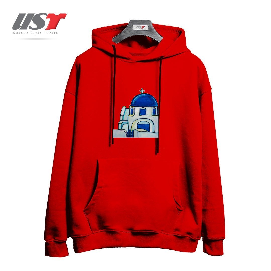 طرح HAND PAINTED WATERCOLOR SANTORINI CHURCH هودی اورسایزرنگ قرمز