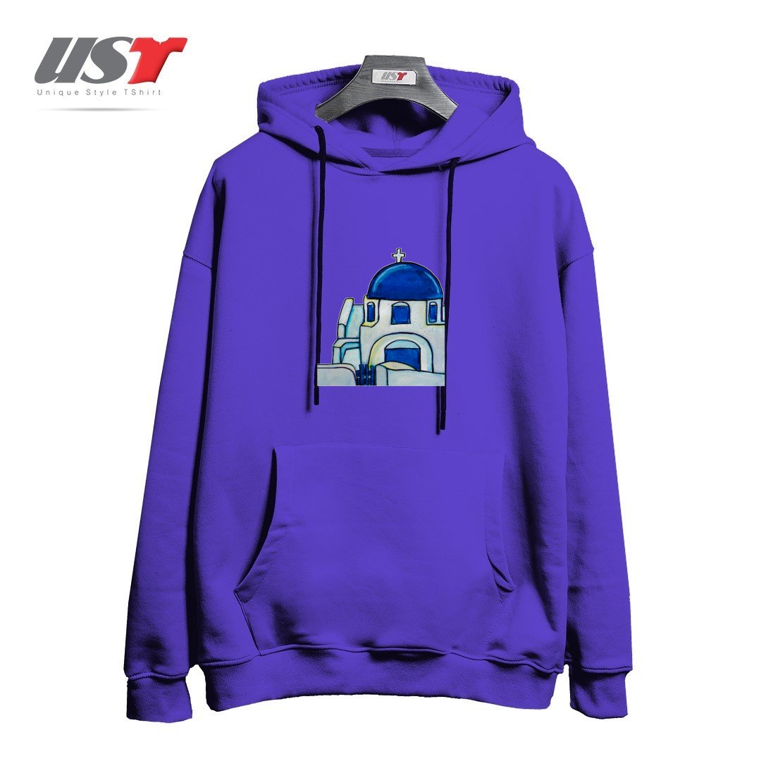 طرح HAND PAINTED WATERCOLOR SANTORINI CHURCH هودی اورسایزرنگ بنفش