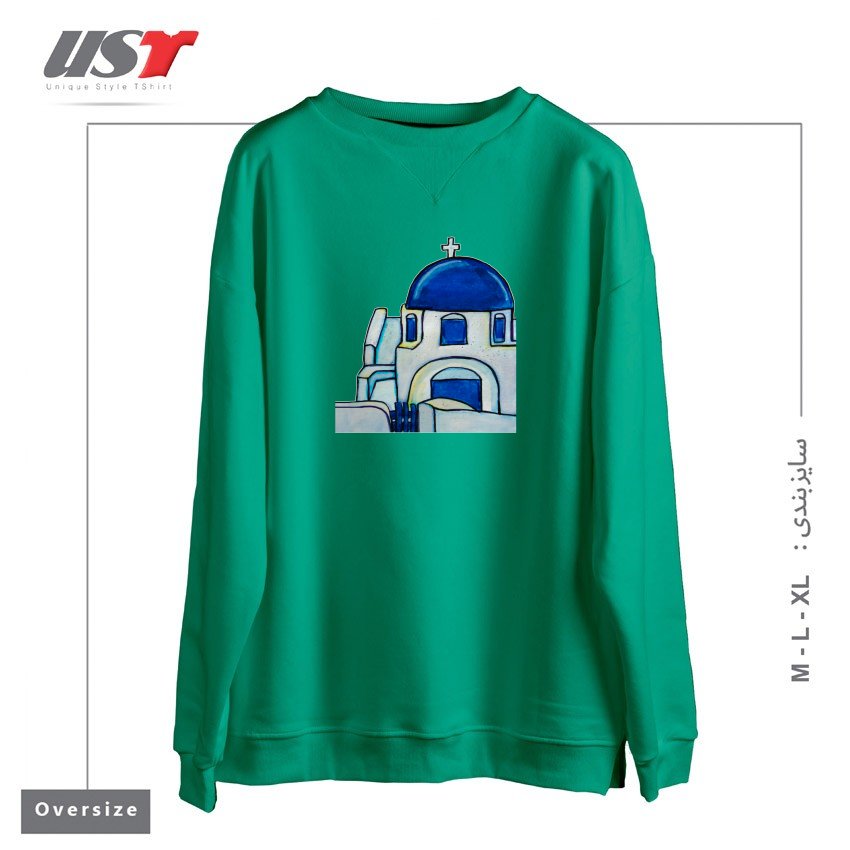 طرح HAND PAINTED WATERCOLOR SANTORINI CHURCH سوییشرت اورسایزرنگ سبز سدری