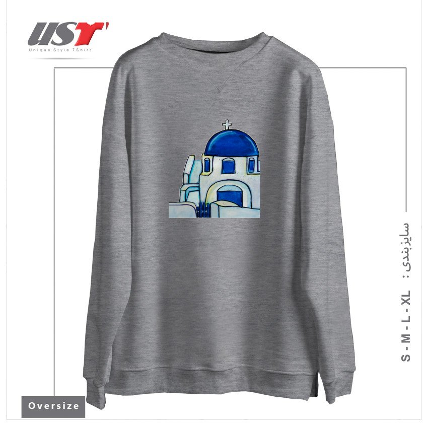 طرح HAND PAINTED WATERCOLOR SANTORINI CHURCH سوییشرت اورسایزرنگ طوسی ملانژ