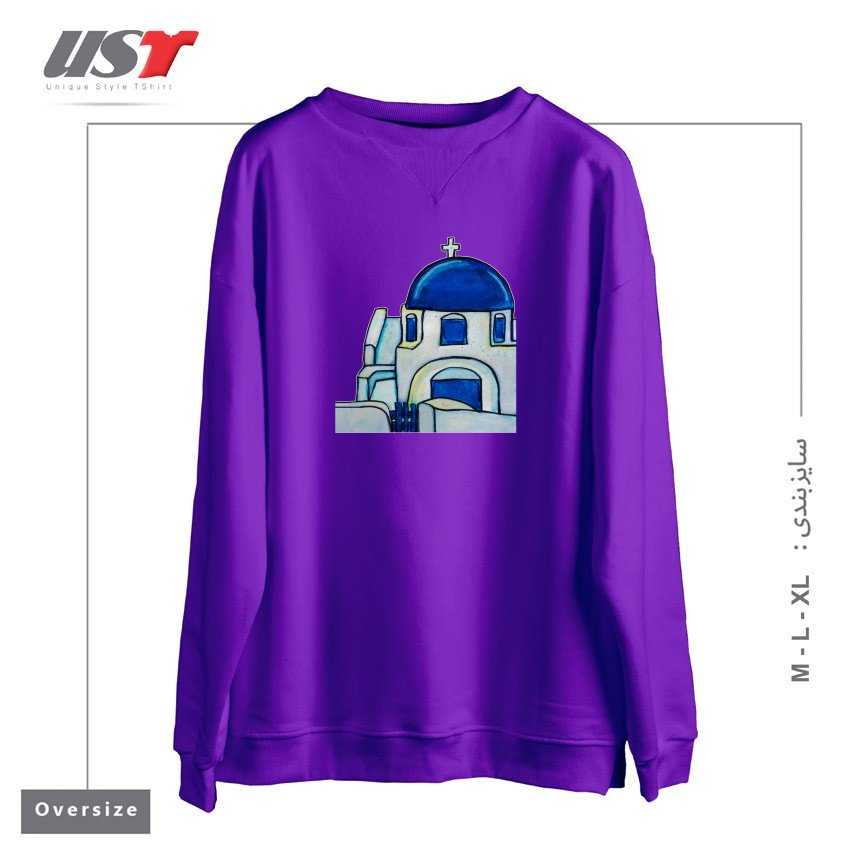 طرح HAND PAINTED WATERCOLOR SANTORINI CHURCH سوییشرت اورسایزرنگ بنفش