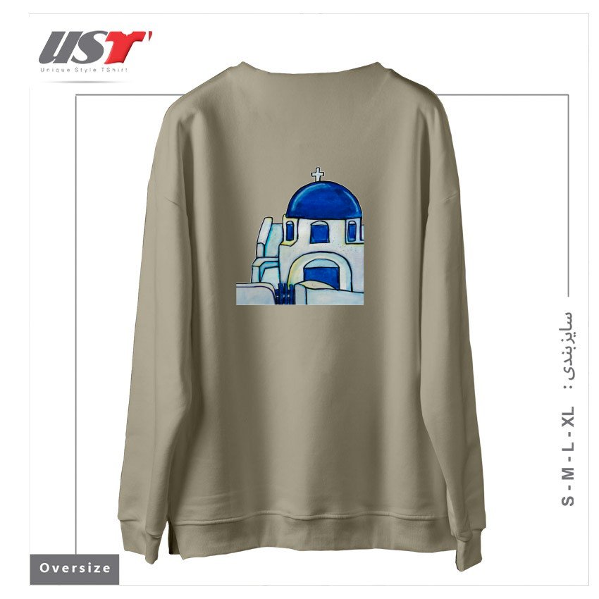 طرح HAND PAINTED WATERCOLOR SANTORINI CHURCH سوییشرت اورسایزرنگ نخودی