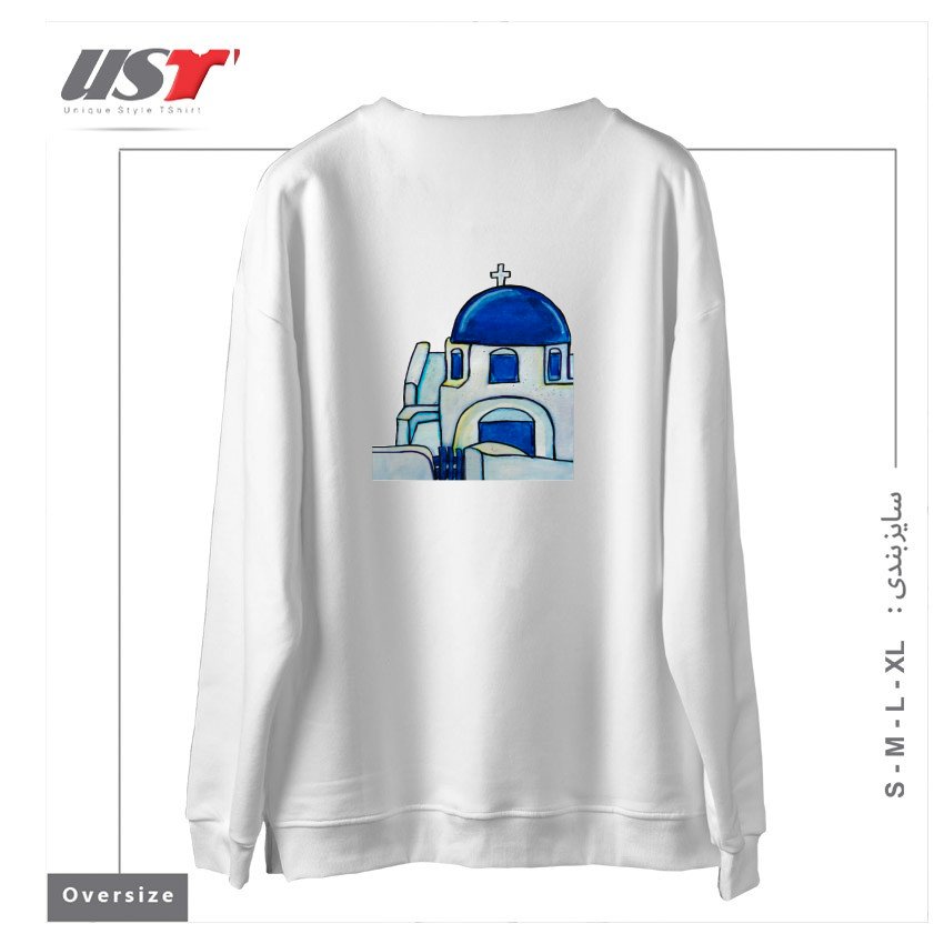 طرح HAND PAINTED WATERCOLOR SANTORINI CHURCH سوییشرت اورسایزرنگ سفید