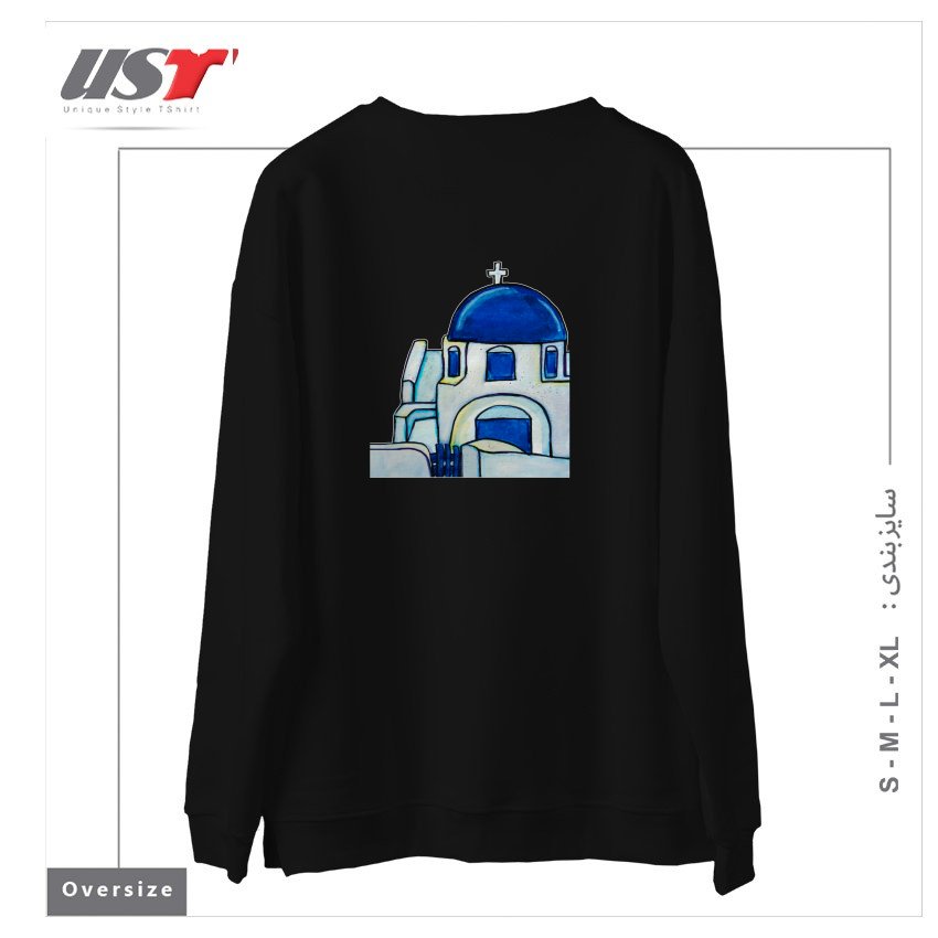 طرح HAND PAINTED WATERCOLOR SANTORINI CHURCH سوییشرت اورسایزرنگ مشکی