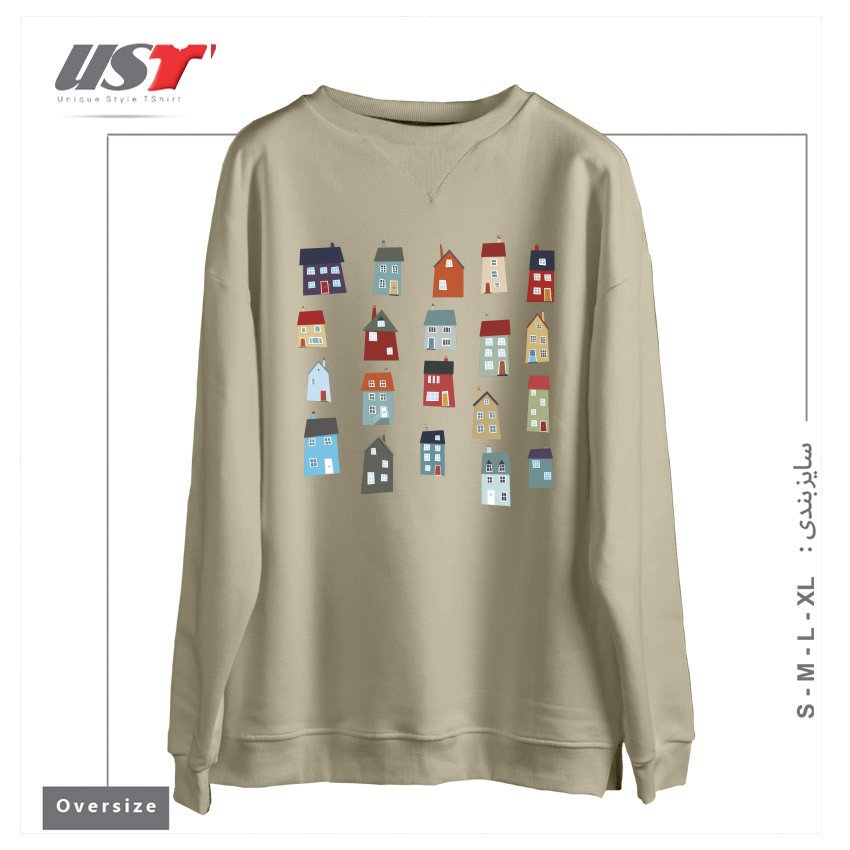 طرح LITTLE HOUSES سوییشرت اورسایزرنگ نخودی