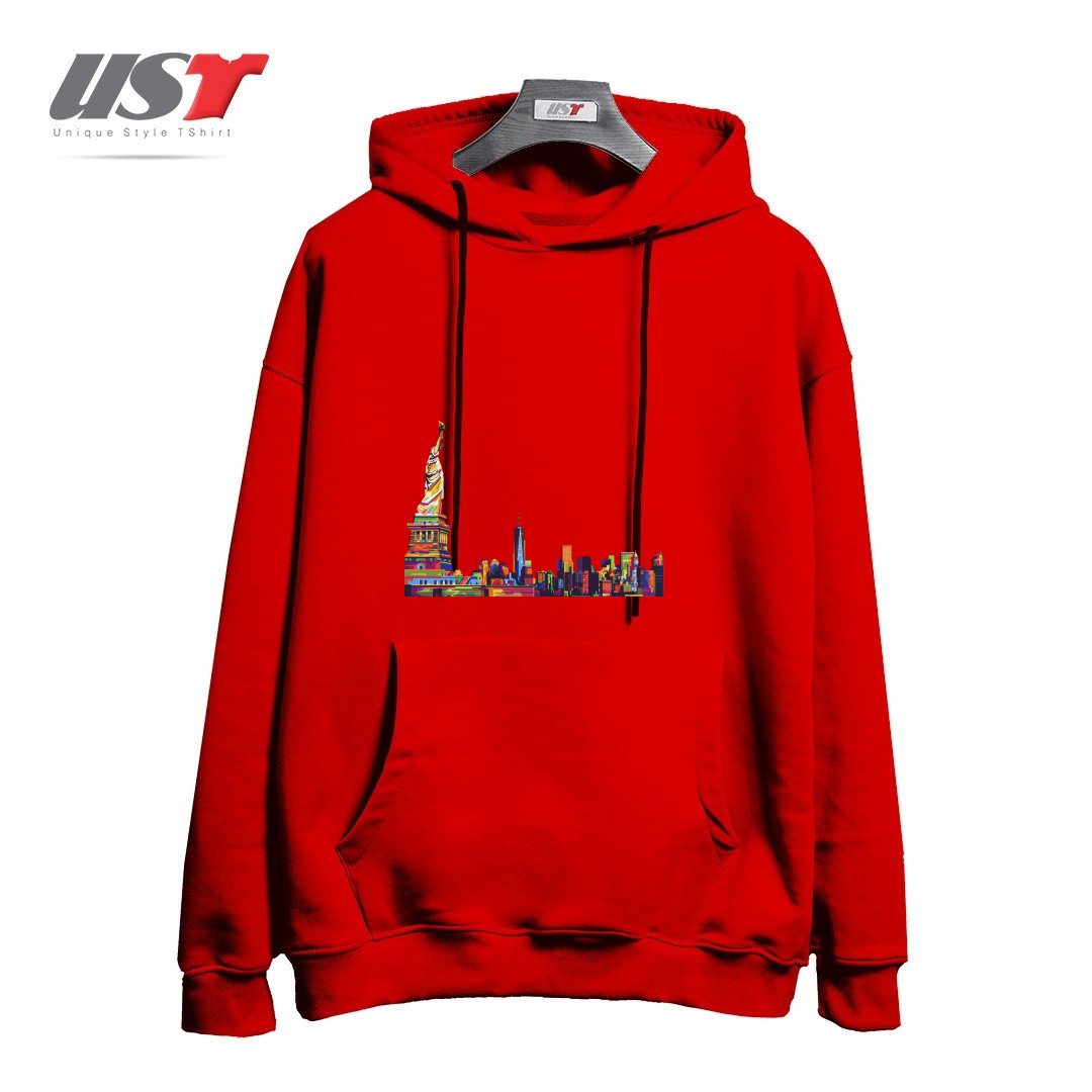 طرح NEW YORK SKYLINE هودی اورسایزرنگ قرمز