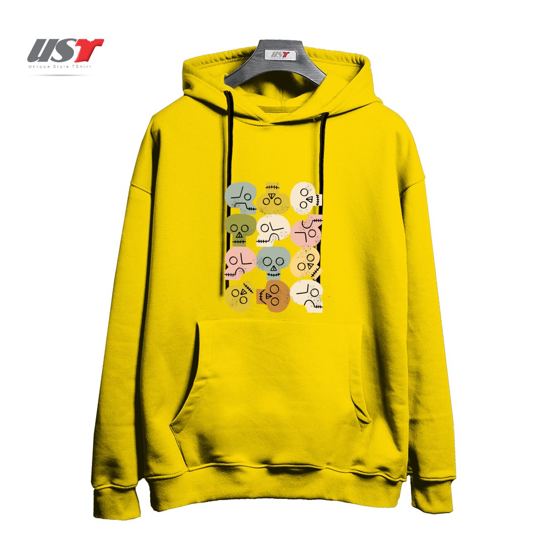 طرح HAPPY SKULLS هودی اورسایزرنگ زرد
