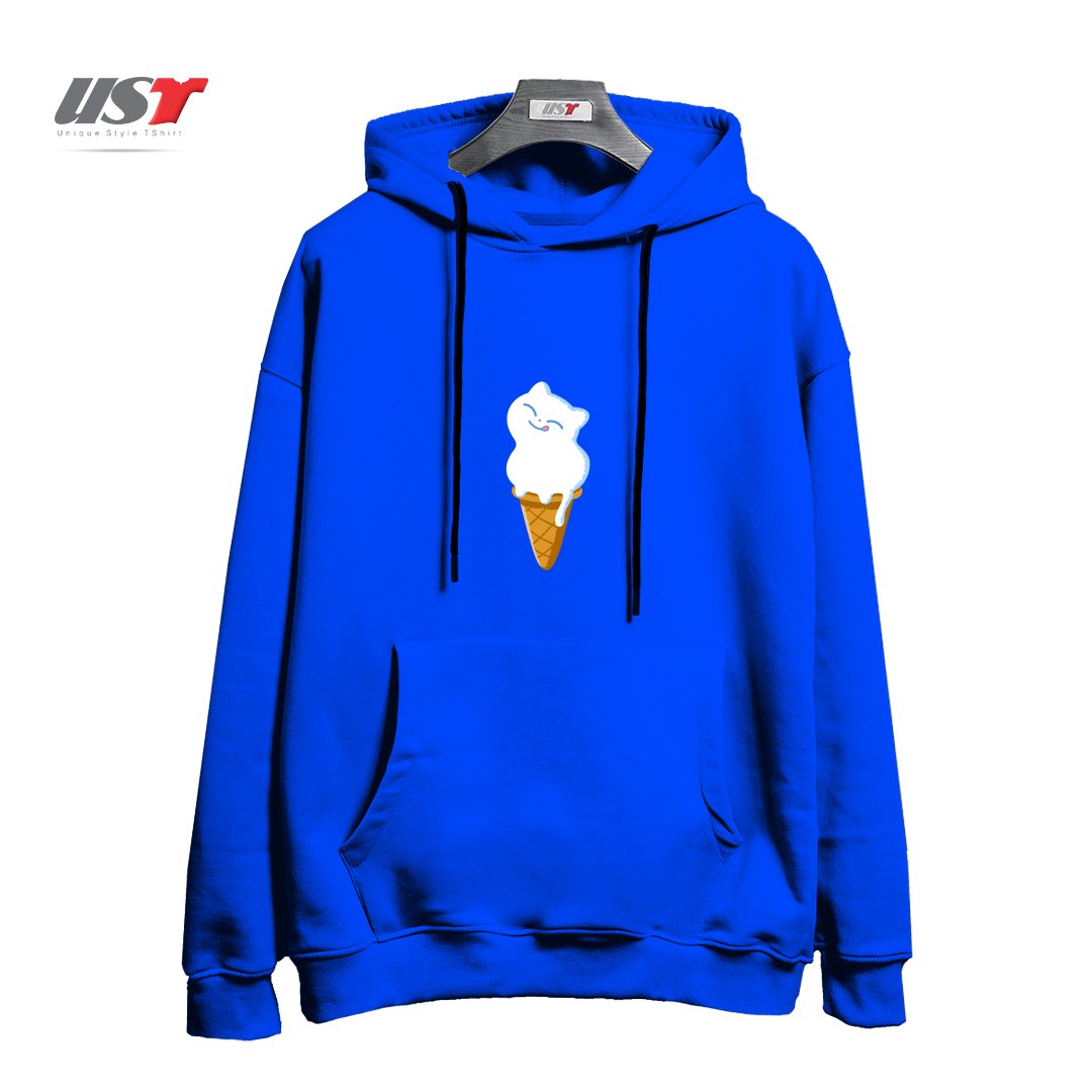 طرح ICE CREAM CAT هودی اورسایزرنگ آبی شالی