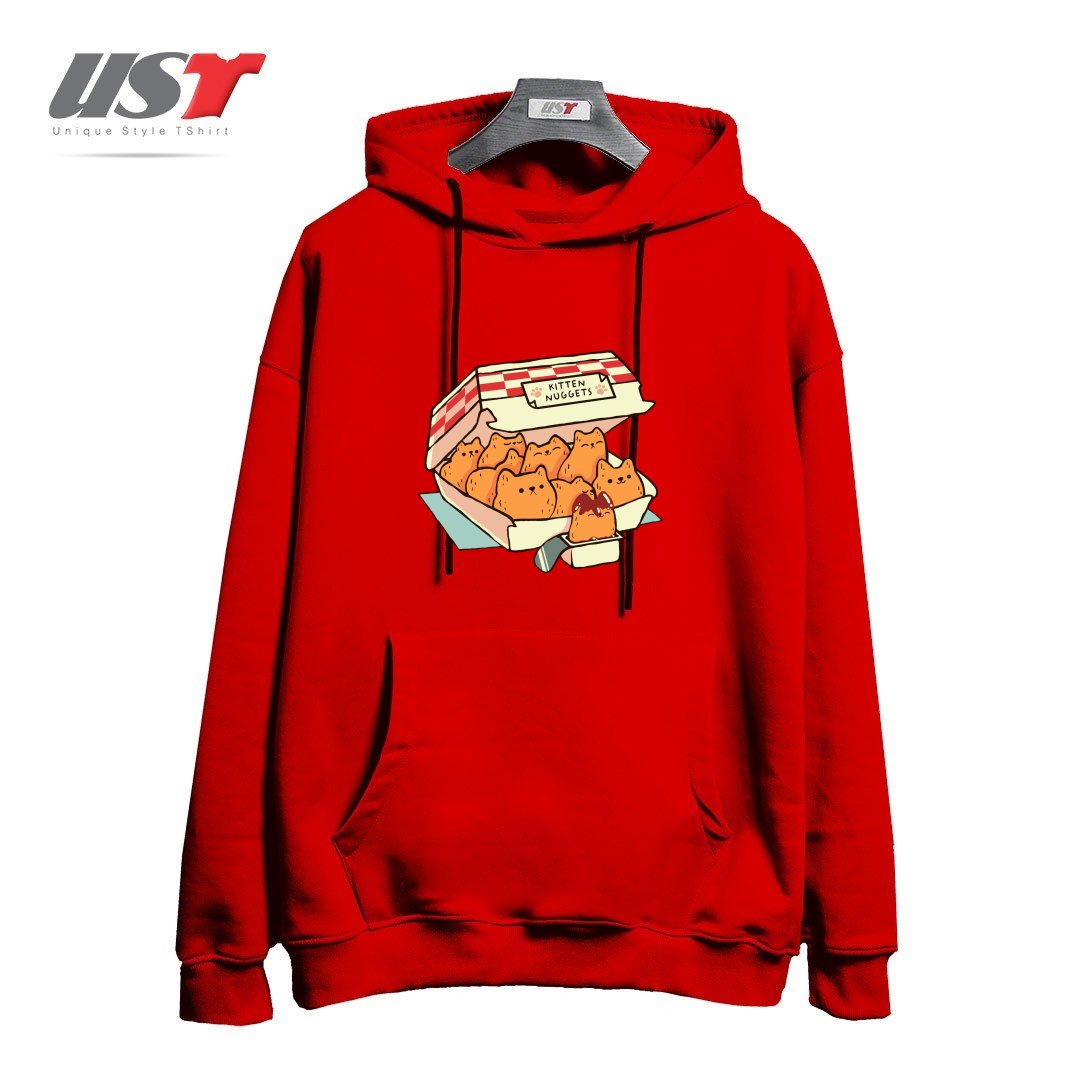 طرح KITTEN NUGGETS FAST FOOD CAT BY TOBE FONSECA هودی اورسایزرنگ قرمز