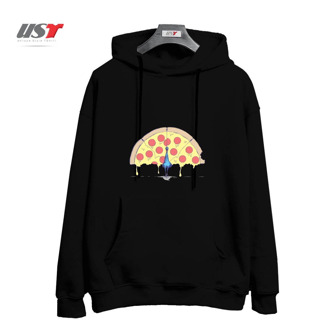 طرح PIZZA PEACOCK هودی اورسایزرنگ مشکی