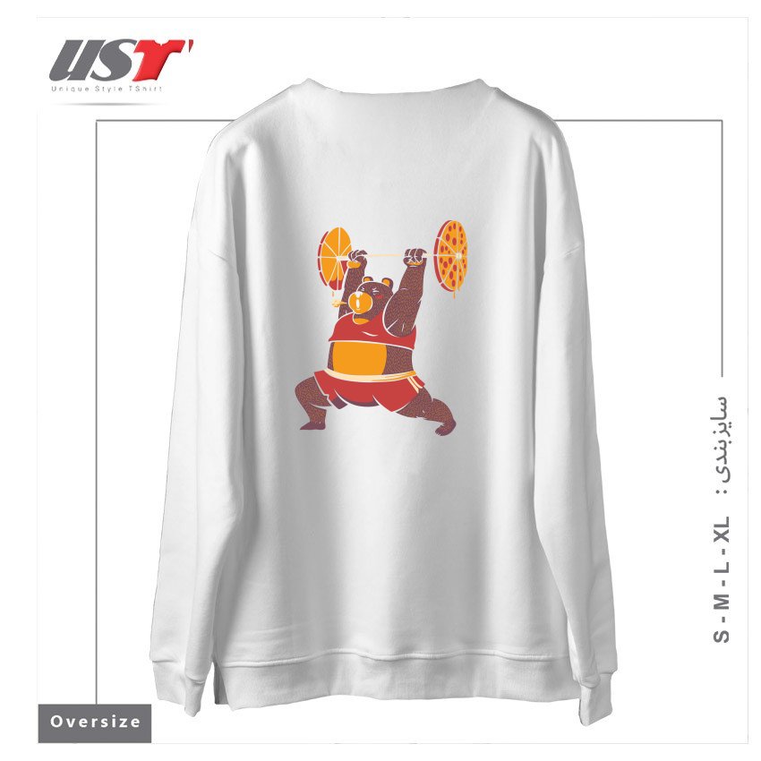 طرح SQUAT BEAR GYM I LOVE TO EAT PIZZA سوییشرت اورسایزرنگ سفید