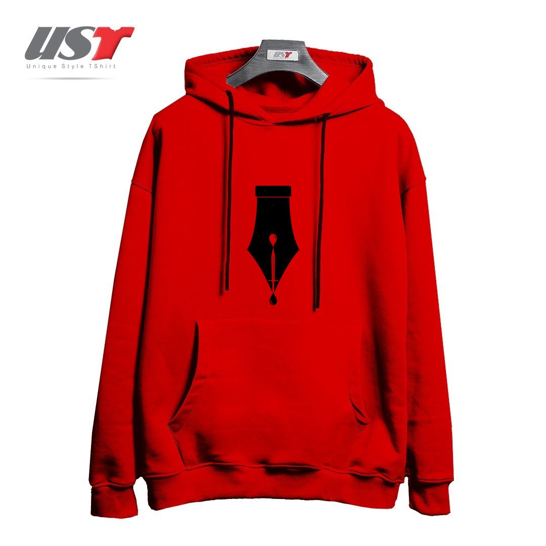 طرح THE PEN IS MIGHTIER THAN THE SWORD هودی اورسایزرنگ قرمز