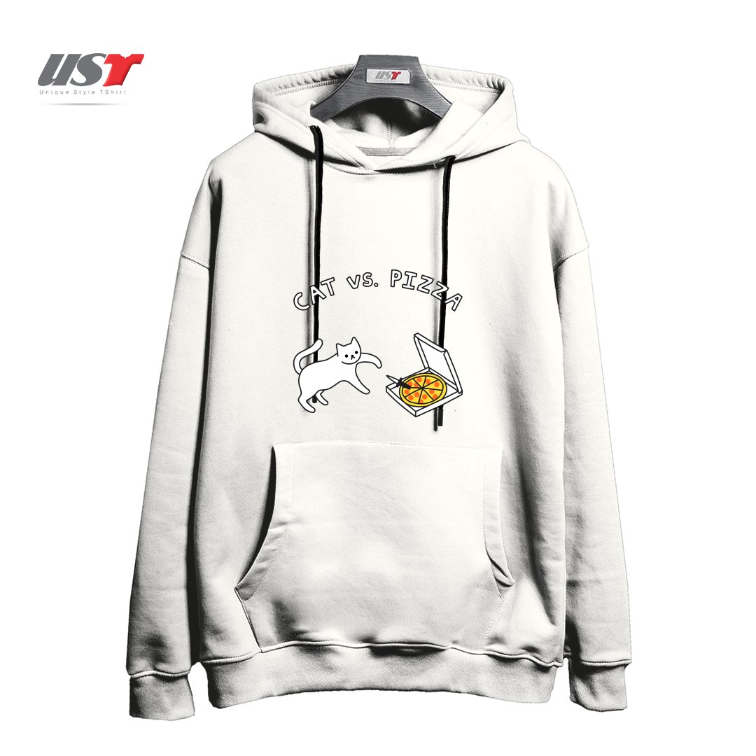 طرح CAT VS. PIZZA هودی اورسایزرنگ سفید