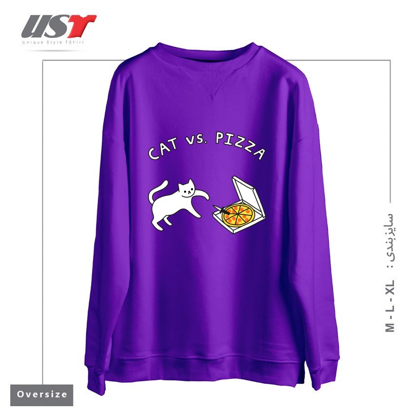 طرح CAT VS. PIZZA سوییشرت اورسایزرنگ بنفش