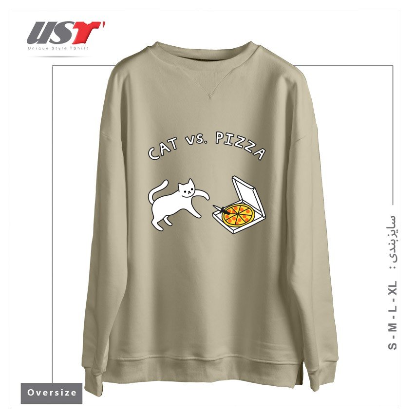 طرح CAT VS. PIZZA سوییشرت اورسایزرنگ نخودی