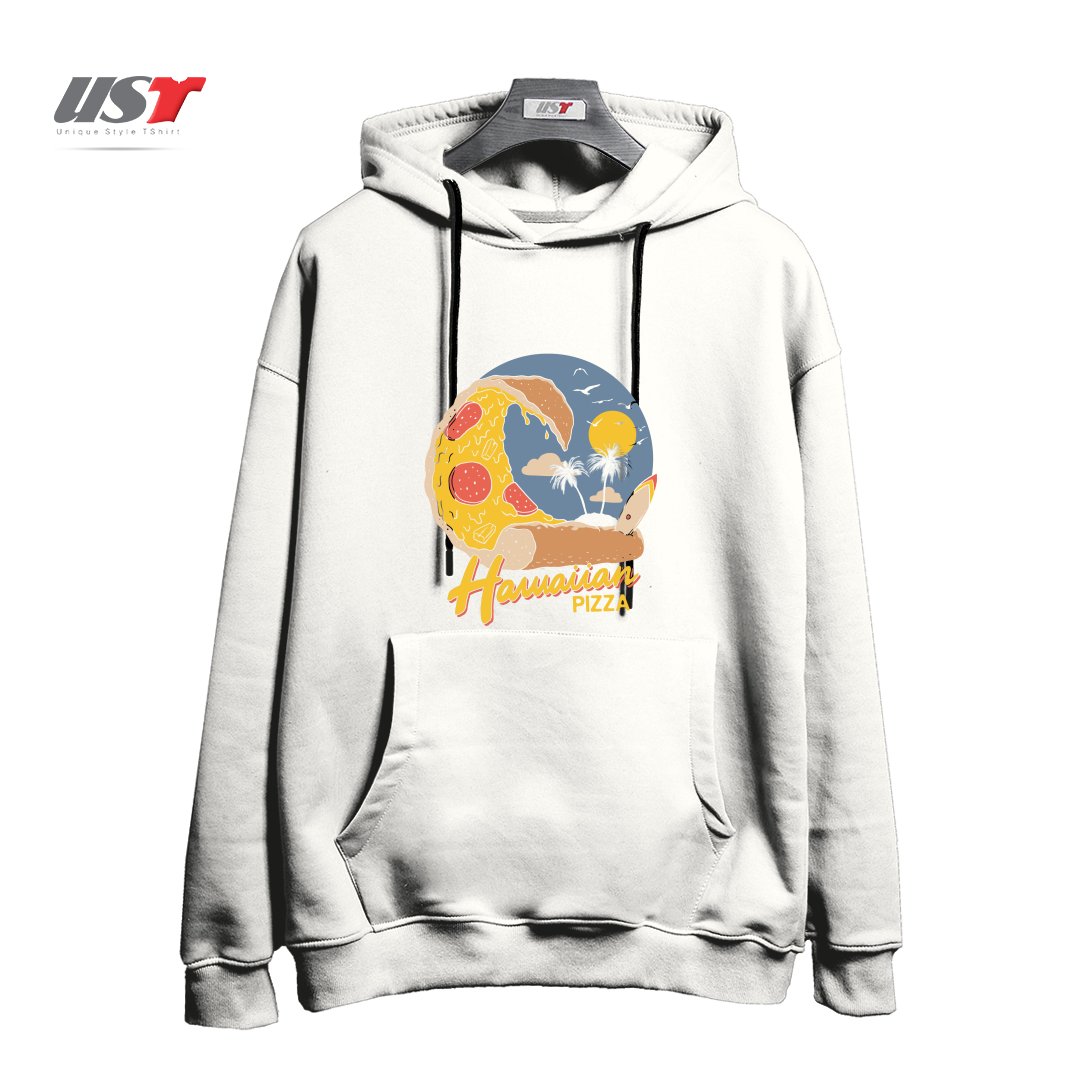طرح HAWAIIAN PIZZA هودی اورسایزرنگ سفید
