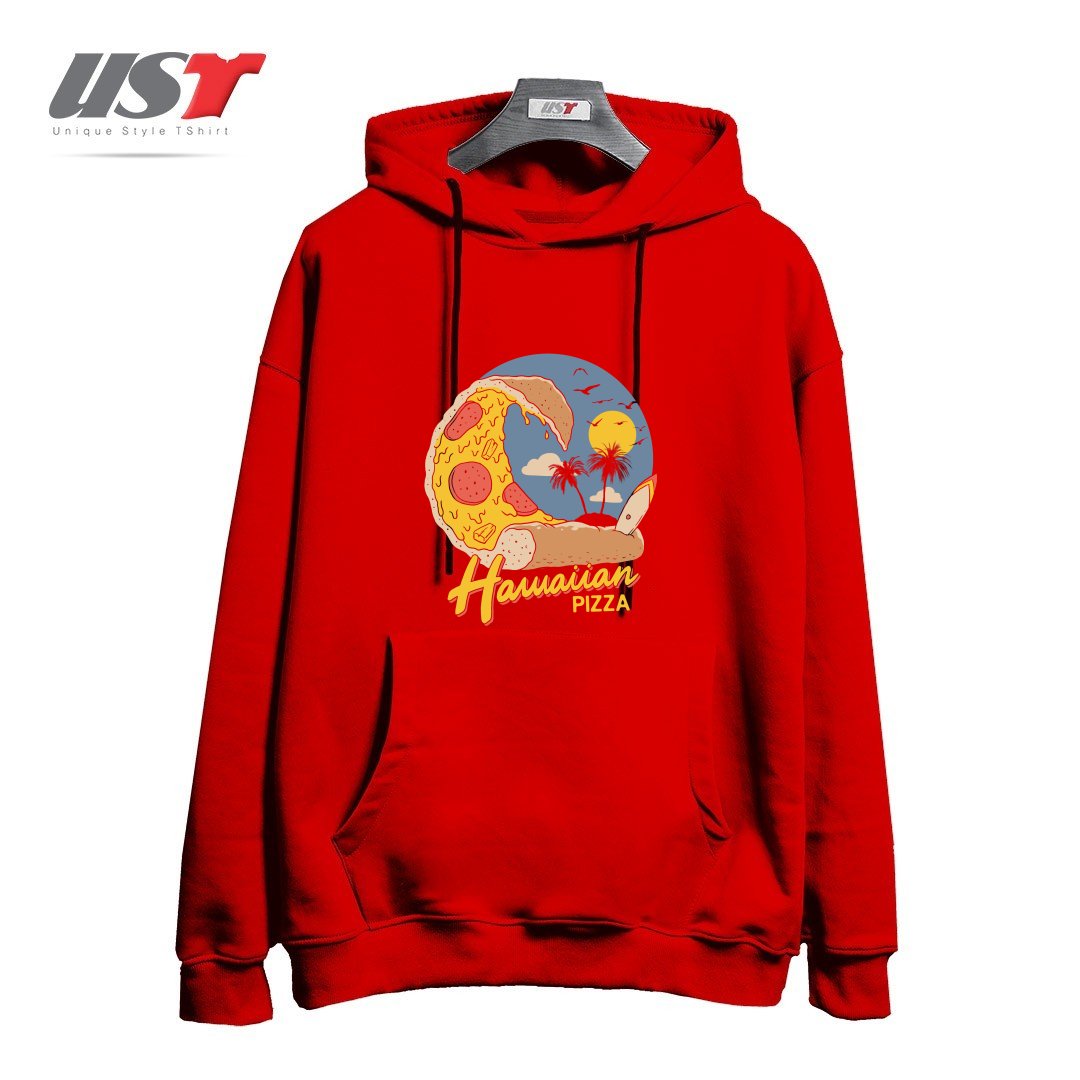 طرح HAWAIIAN PIZZA هودی اورسایزرنگ قرمز