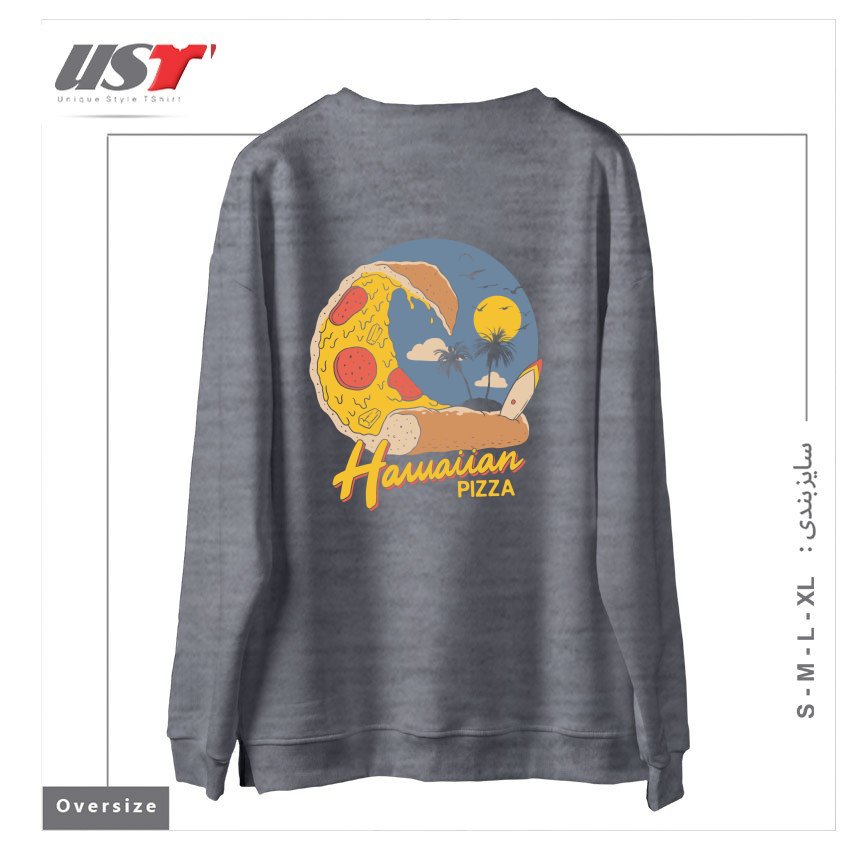 طرح HAWAIIAN PIZZA سوییشرت اورسایزرنگ طوسی ملانژ