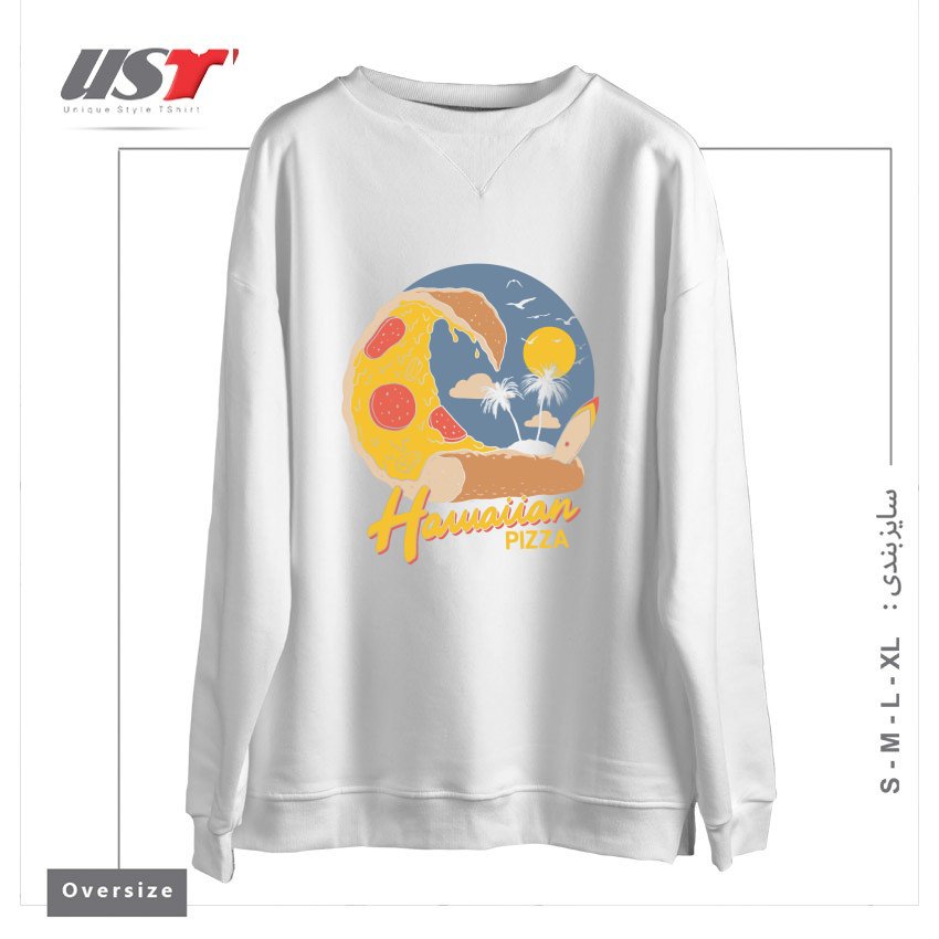طرح HAWAIIAN PIZZA سوییشرت اورسایزرنگ سفید