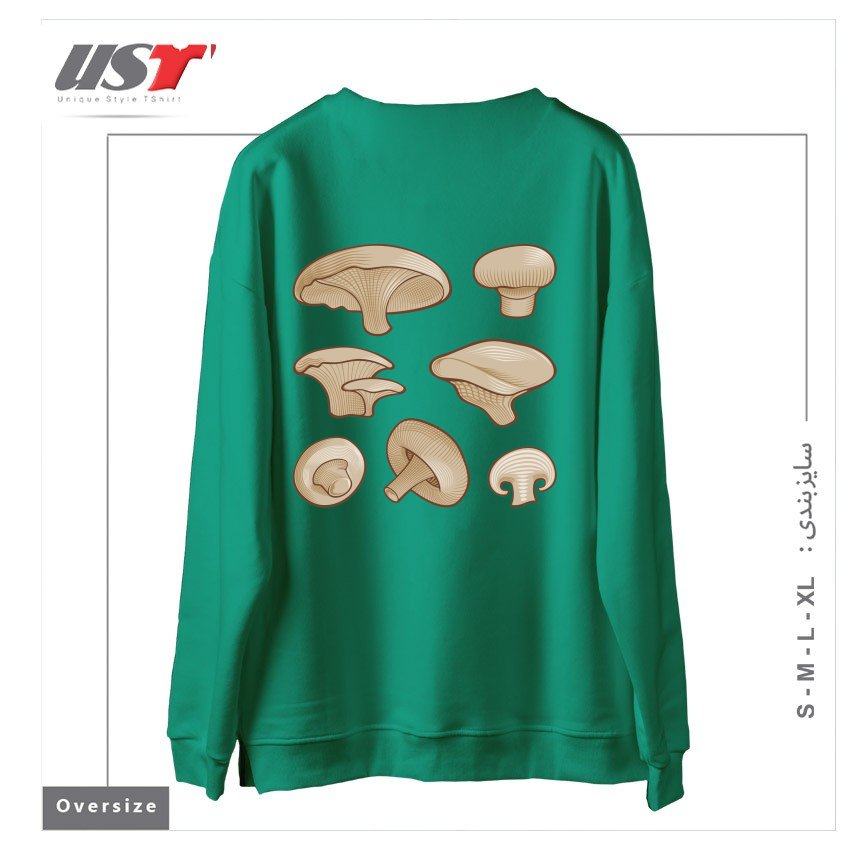 طرح WOODCUT MUSHROOMS سوییشرت اورسایزرنگ سبز سدری