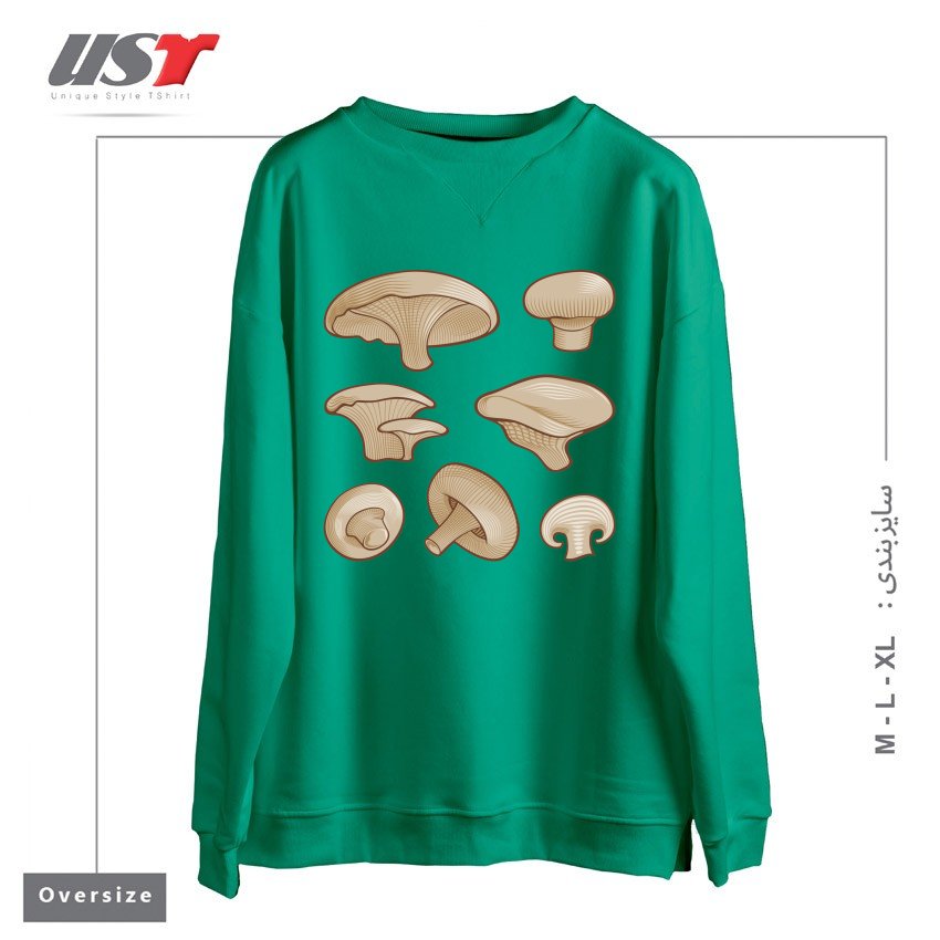 طرح WOODCUT MUSHROOMS سوییشرت اورسایزرنگ سبز سدری