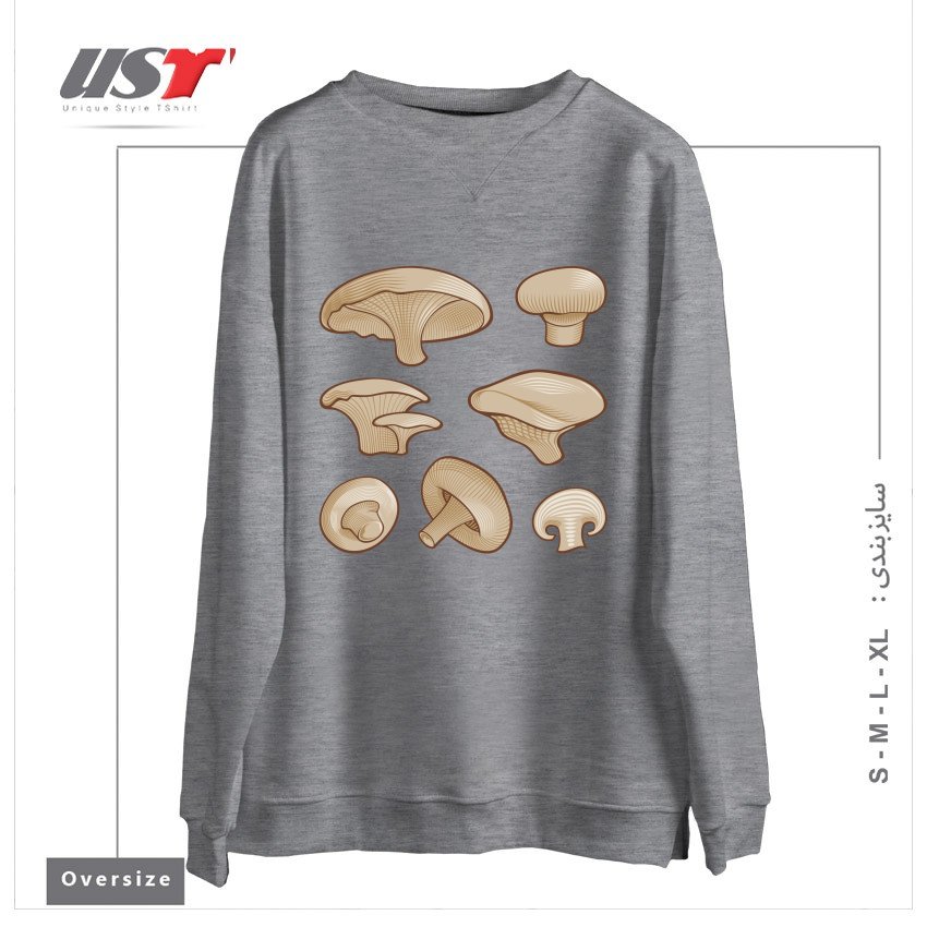 طرح WOODCUT MUSHROOMS سوییشرت اورسایزرنگ طوسی ملانژ