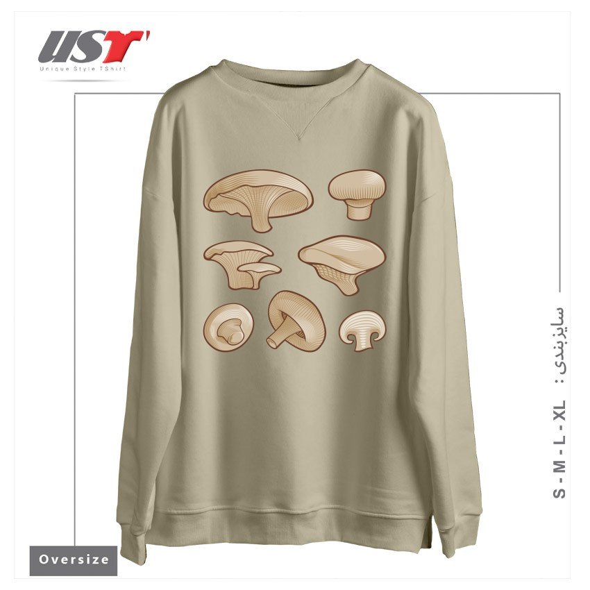 طرح WOODCUT MUSHROOMS سوییشرت اورسایزرنگ نخودی