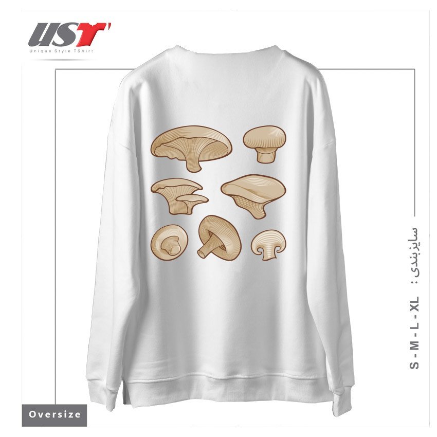 طرح WOODCUT MUSHROOMS سوییشرت اورسایزرنگ سفید