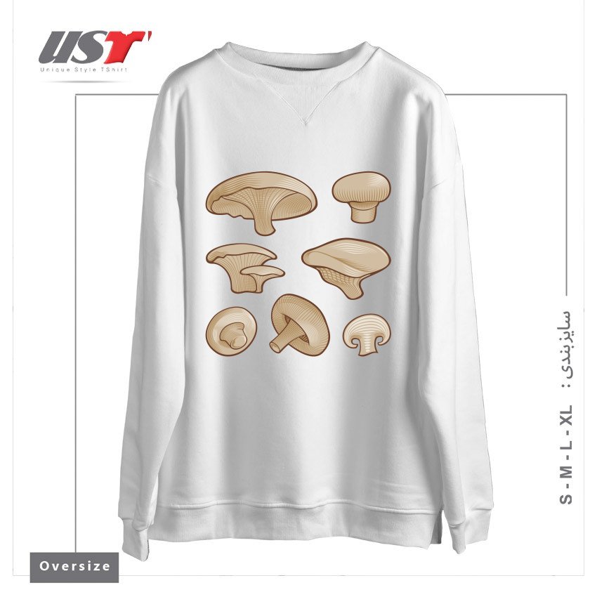 طرح WOODCUT MUSHROOMS سوییشرت اورسایزرنگ سفید