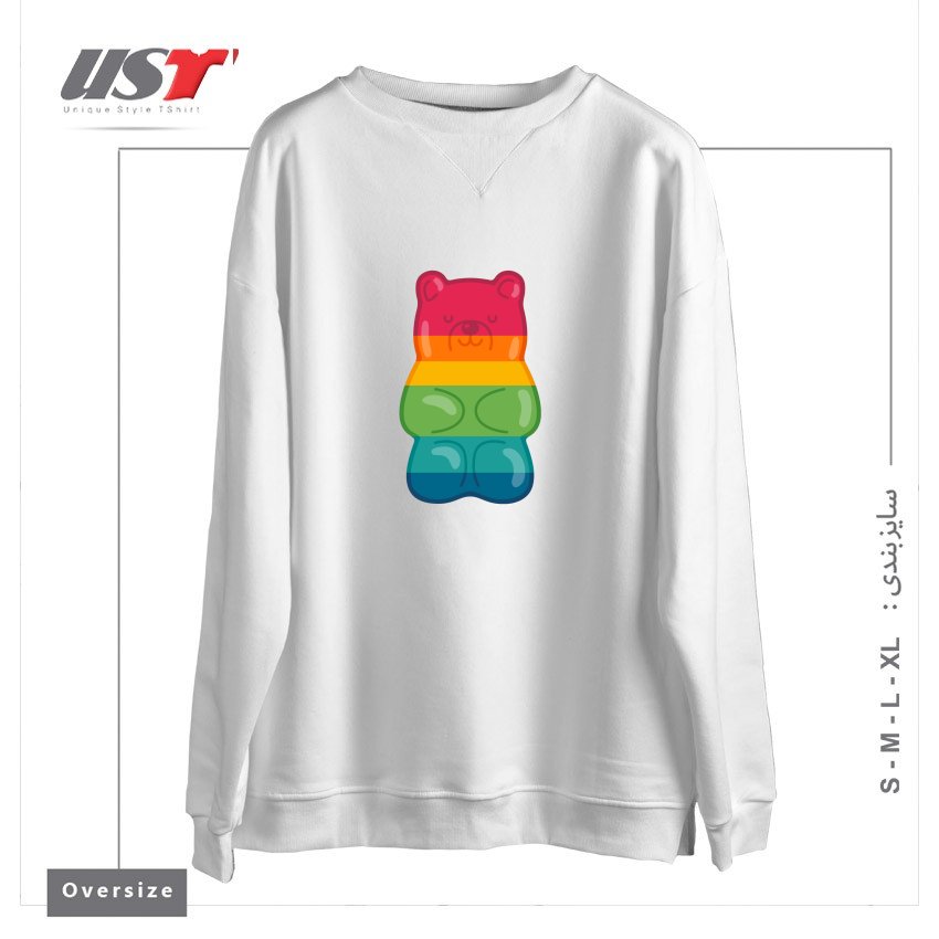 طرح RAINBOW GUMMY BEAR سوییشرت اورسایزرنگ سفید