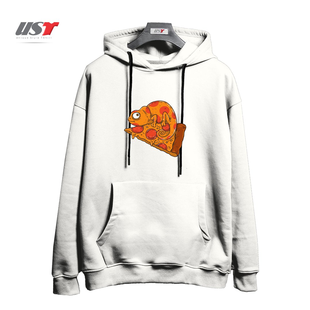 طرح PIZZA CHAMELEON هودی اورسایزرنگ سفید