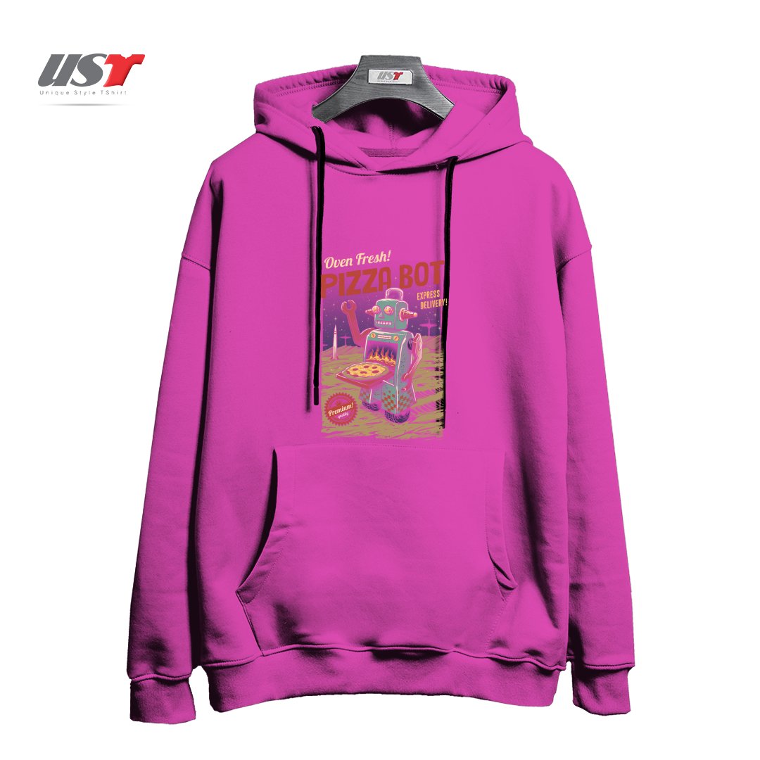 طرح PIZZA BOT هودی اورسایزرنگ صورتی