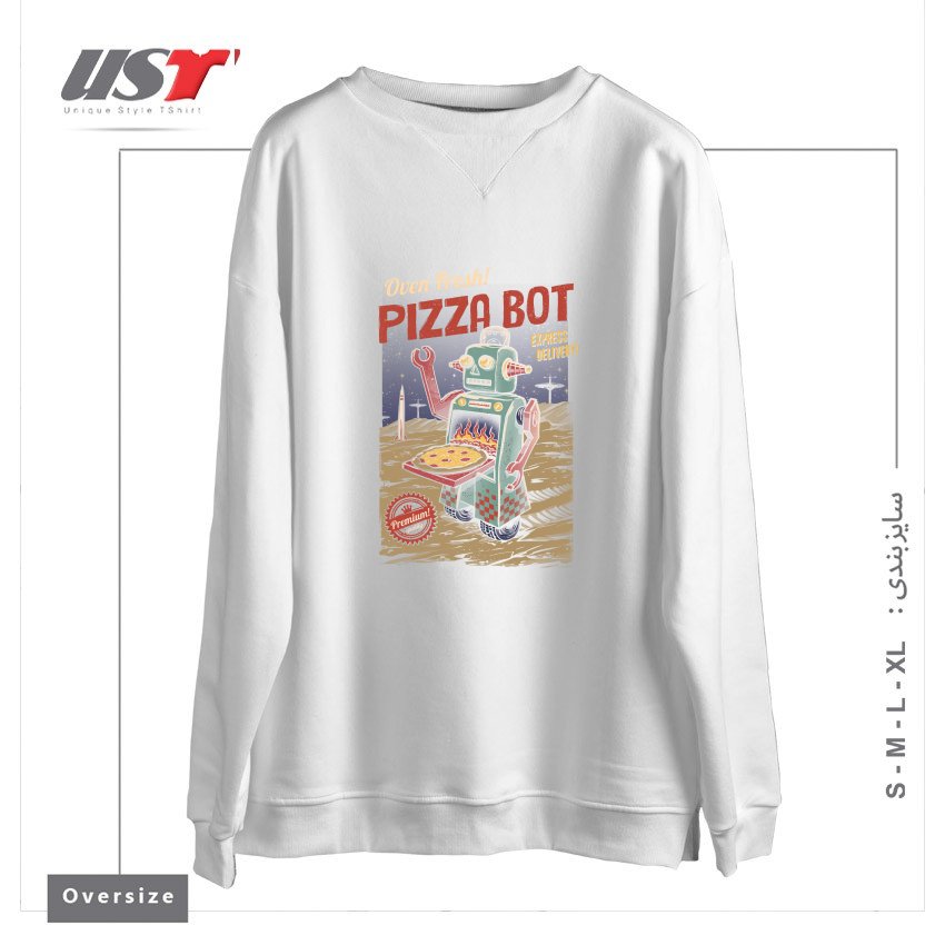 طرح PIZZA BOT سوییشرت اورسایزرنگ سفید