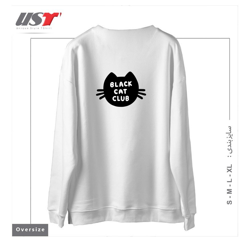 طرح BLACK CAT CLUB سوییشرت اورسایزرنگ سفید