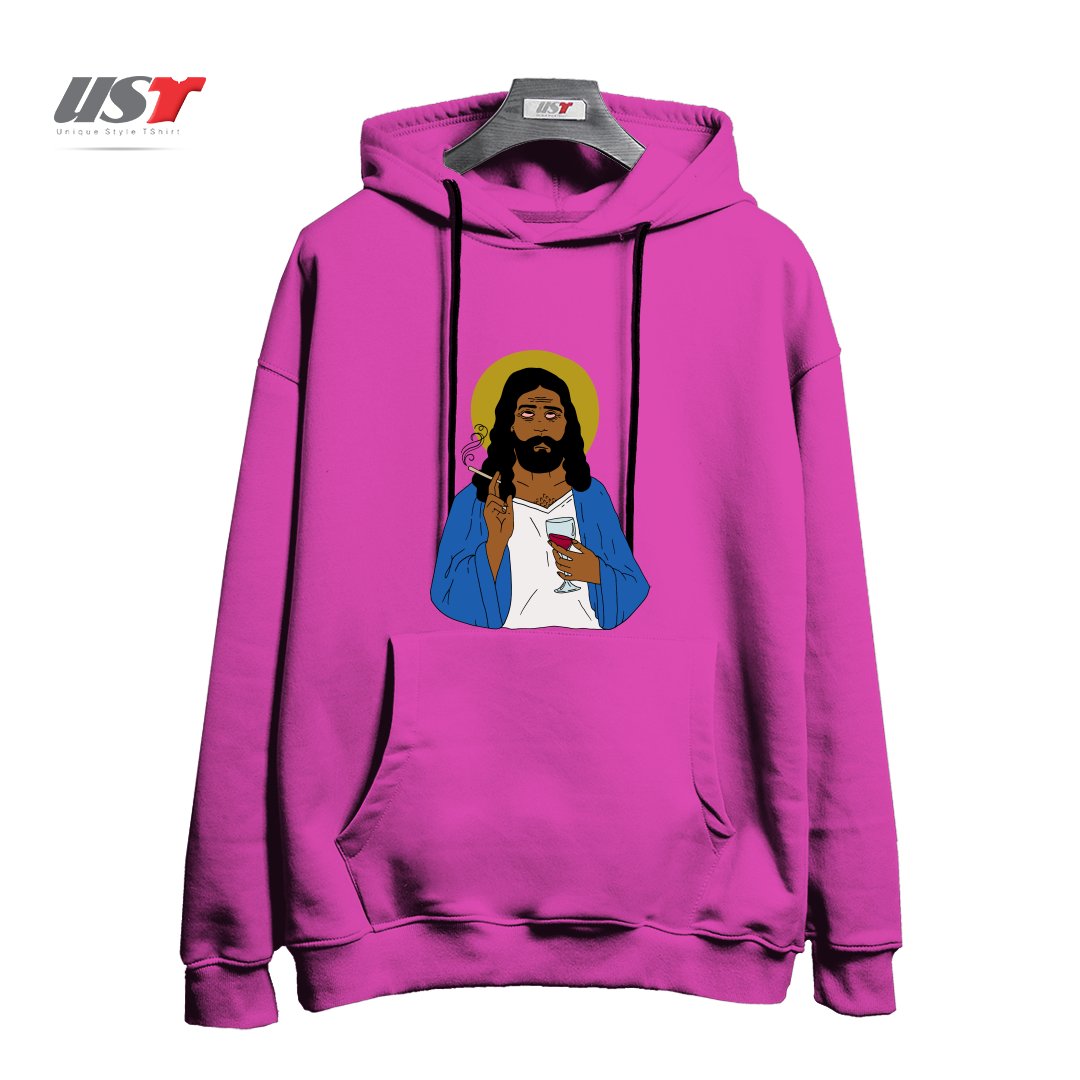 طرح EMOTIONALLY EXHAUSTED INTOXICATED JESUS هودی اورسایزرنگ صورتی