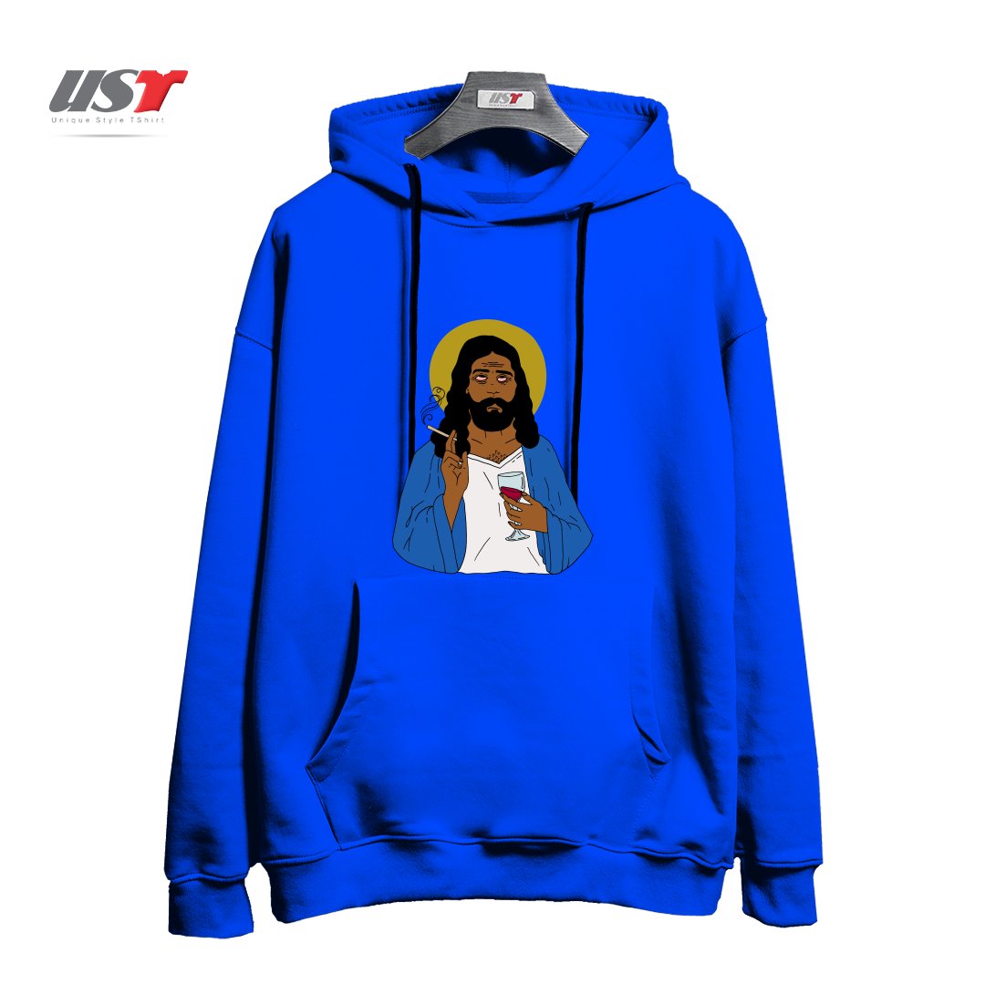 طرح EMOTIONALLY EXHAUSTED INTOXICATED JESUS هودی اورسایزرنگ آبی شالی