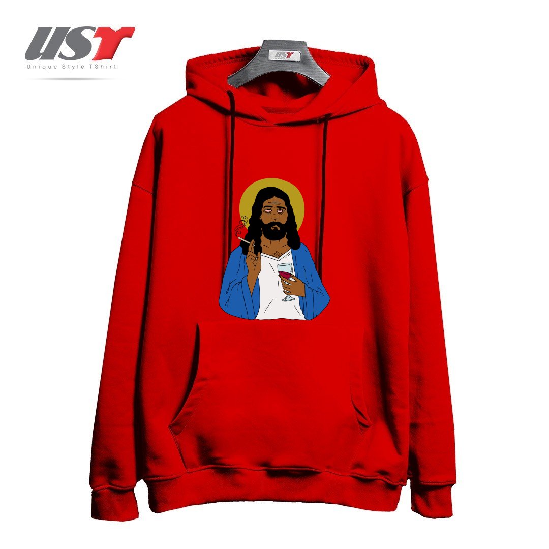 طرح EMOTIONALLY EXHAUSTED INTOXICATED JESUS هودی اورسایزرنگ قرمز
