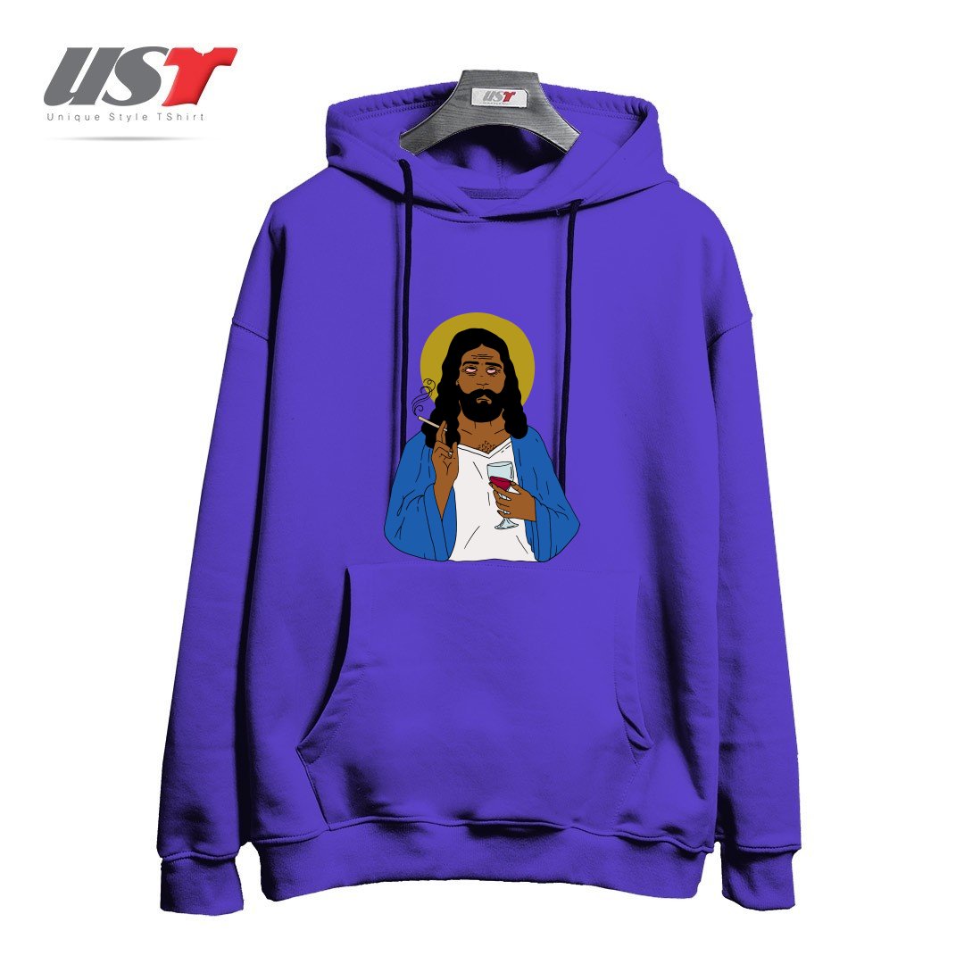 طرح EMOTIONALLY EXHAUSTED INTOXICATED JESUS هودی اورسایزرنگ بنفش