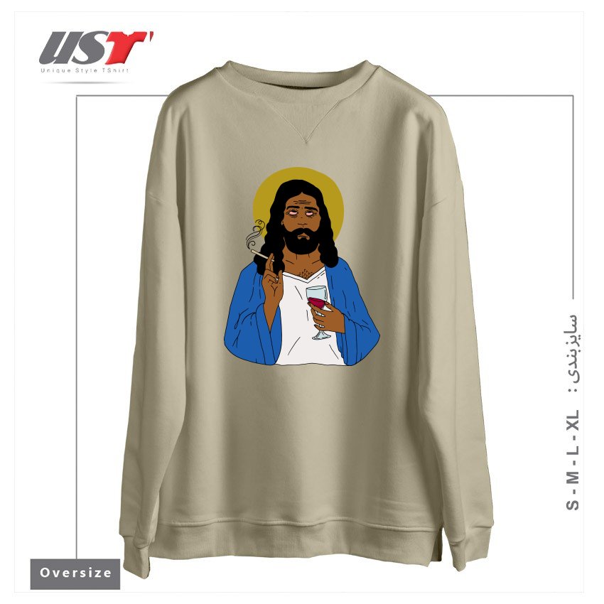 طرح EMOTIONALLY EXHAUSTED INTOXICATED JESUS سوییشرت اورسایزرنگ نخودی