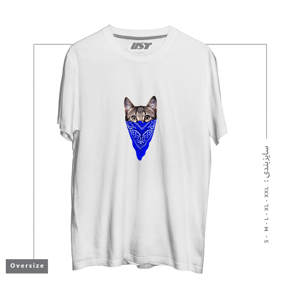 طرح GANGSTER CAT (BLUE BANDANA) تیشرت اورسایزرنگ سفید